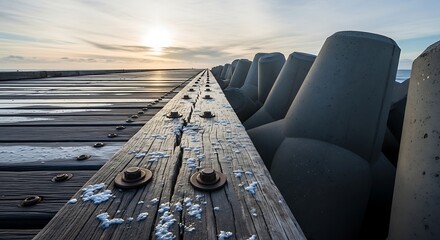 Wooden Dock With Concrete Barriers, Sunset Over Ocean, Perspective View,Coastal Pier with Tetrapod Breakwaters and Golden Hour Light Creating Striking Visual