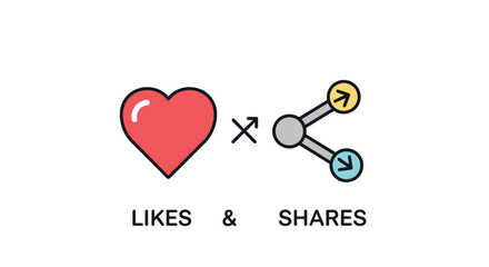 Obraz premium Vector illustration of likes and shares with heart and network icons. Social media engagement and digital marketing graphic concept.