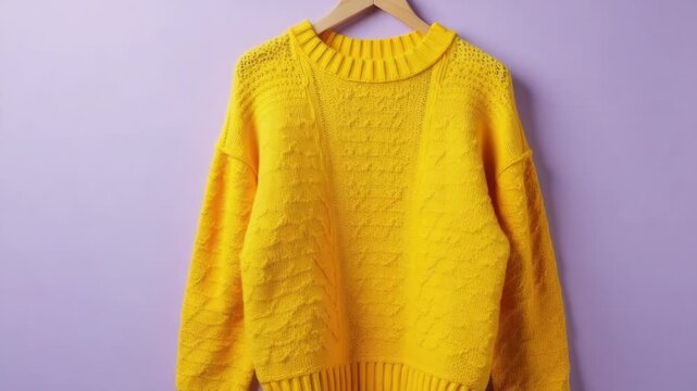 A bright yellow sweater hangs from a hanger, ready to be worn