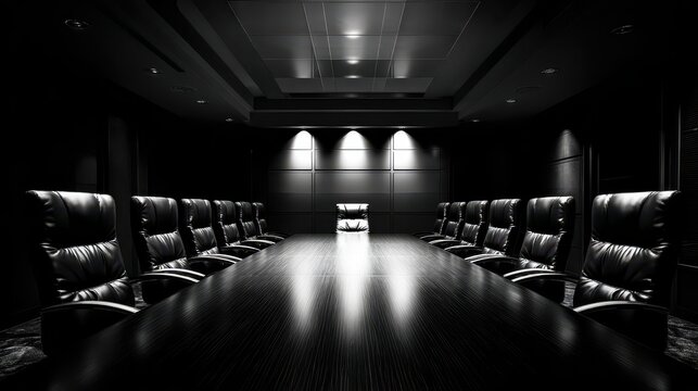 Boardroom, empty, dark. Business meeting space, no people. Used for presentations