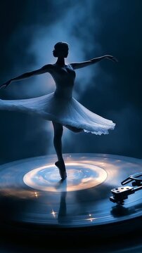 Dancer Twirling on Spinning Vinyl Record with Cosmic Background