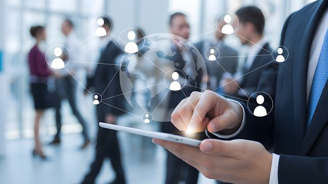 Man using tablet with global network of people icons and globe technology business