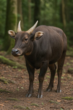 Calm forest anoa stands alert on mossy trail, dark glossy coat and curved horns highlighting elusive rainforest bovine, generative AI