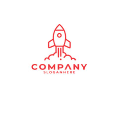Minimalistic red line art depicts a rocket launching with steam and clouds below