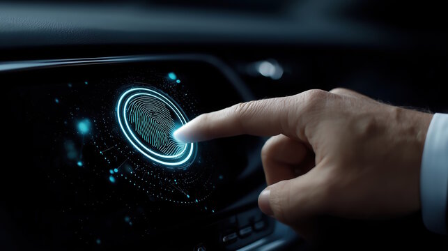Finger pressing digital fingerprint scanner on modern car dashboard display, showcasing advanced technology and security features in an innovative automotive environment