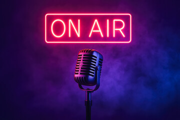 Retro microphone lit by pink neon “ON AIR” sign in smoky purple studio backdrop, generative AI