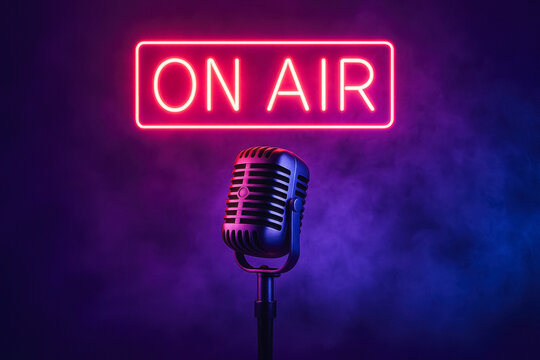 Retro microphone lit by pink neon “ON AIR” sign in smoky purple studio backdrop, generative AI