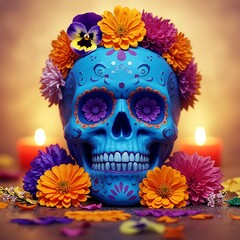 Vibrant Blue Sugar Skull, Floral Dia de Muertos