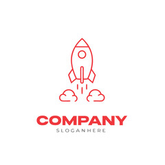 Red outline rocket blasts off, accompanied by playful cloud puffs on a white surface