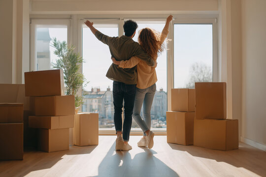 Happy young couple dancing in a bright empty apartment with cardboard boxes during moving day.