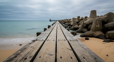 Long exposure photograph of a weathered wooden pier stretching into the sea, framed by concrete breakwater structures, creating a serene coastal scene