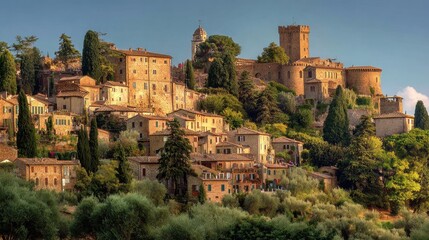 Obraz premium Tuscany Montalcino. View of Italian Medieval Town on Hill with Old Houses