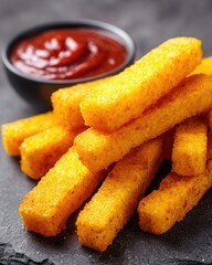 Crispy polenta sticks atop dark stone with tomato sauce