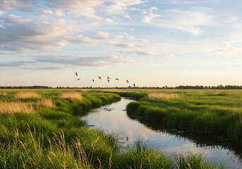 Serene Sunset: Birds Fly Over Calm River Meadow