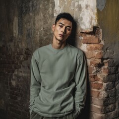 Obraz premium mockup, fashion olive or sage green long sleeve t-shirt male model industrial warehouse brick wall vintage mood, Ai generate