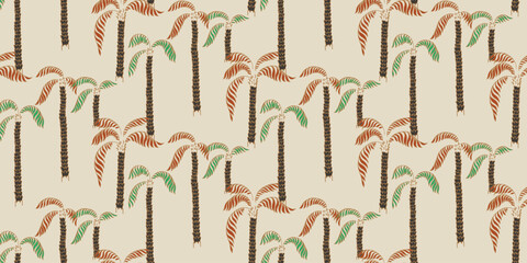Vector seamless pattern featuring repeating palm trees with textured trunks and brown and green fronds on a light beige background. Perfect for tropical designs, textiles, wallpapers, digital prints