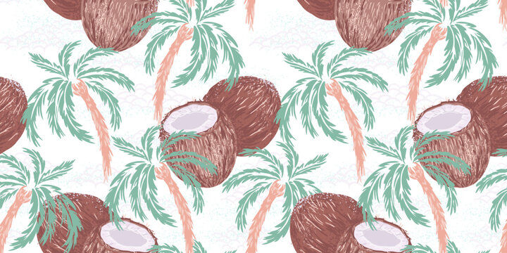 Pastel seamless tropical pattern with hand drawn coconut palm trees and brown coconuts on a light background with clouds. Detailed vintage style texture, perfect for textiles, wallpapers, packaging