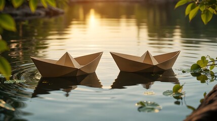 Vintage Paper Boats Floating on Calm Lake at Sunset - International Friendship Day
