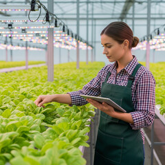 Female agronomist examines leafy greens in a modern hydroponic greenhouse, using a digital tablet to monitor plant growth under LED lights.
