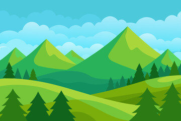 Cartoon Mountain Landscape with Pine Forest and Green Hills Vector