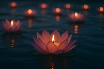 Floating Lotus Flower Candles on Water at Night Symbolizing Peace Tranquility and Spiritual Enlightenment with Soft Warm Glowing Light