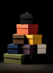 Stacked colorful gift boxes in pyramid shape on dark background