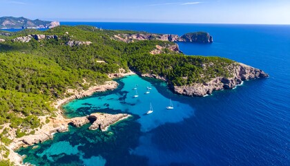 Fototapeta premium Breathtaking aerial view of a serene bay with turquoise waters and lush green coastal vegetation