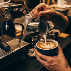 Close-up of a barista pouring steamed milk into a cup of espresso, crafting intricate latte art in a cozy café setting.

