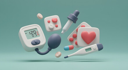 Collection of 3D medical equipment and medication including a blood pressure monitor thermometer and pills.