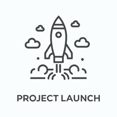 Simple outline rocket icon ascends through small clouds of steam and fire