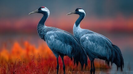 Naklejka premium Two cranes stand side-by-side against a vibrant sunset backdrop