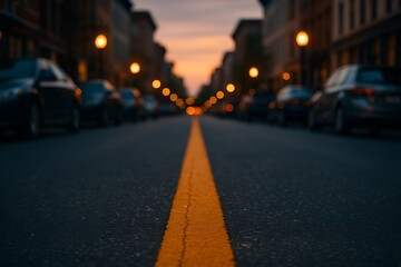 Urban Evening Streetscape with Yellow Line and Bokeh Lights during Sunset in a Residential Neighborhood
