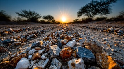 Obraz premium Dusty road lined with colorful rocks, sun setting