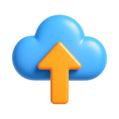 Cloud upload icon with vibrant blue cloud and orange upward arrow, symbolizing data transfer
