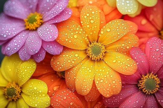 Captivating close-up of a vibrant bouquet with water droplets gracefully adorning the petals, showcasing nature's intricate beauty.