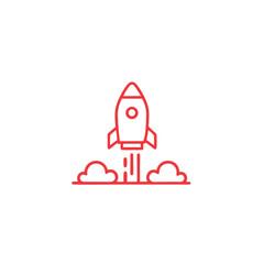 Red outline shows a spaceship launching from clouds in a clean modern style