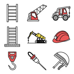 Construction Tools Vector Icon Set with Ladder Crane Truck Excavator and Helmet in Cartoon Style