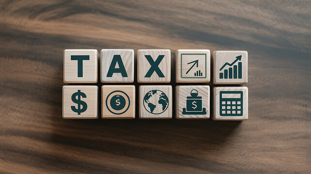 Wooden blocks spell out TAX with financial icons and growth charts