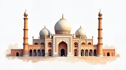 Fototapeta premium A beautiful watercolor illustration of a grand Islamic mosque on white background. 