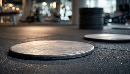 Obraz premium Two gray weight plates on gym floor, blurred equipment background