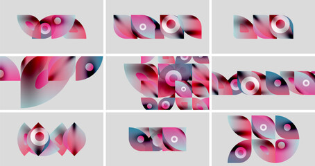 Abstract shapes, pinks, blues, gradients. Minimalist design, repeating motifs, modern aesthetic. Clean backgrounds, geometric forms, visual harmony.