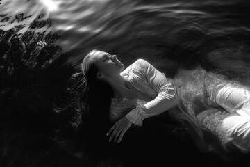 woman lies effortlessly on the surface of calm water, basking in the tranquility and warmth of the sun. Her long hair flows gently around her as she embraces the serene environment