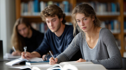 Fototapeta premium Focused Students in a College Library with Soft Lighting