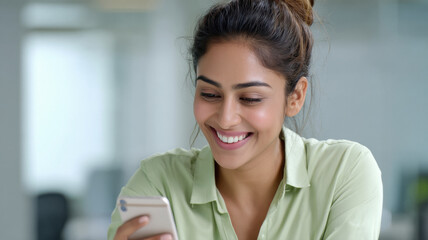 Young woman looking smartphone and smiling