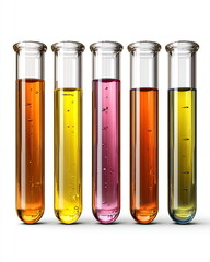 set of laboratory glass test tubes with colored liquids, science equipment on white