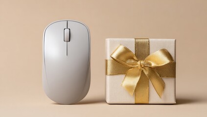 Gray computer mouse beside a gift box with gold ribbon