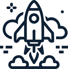 Navy rocket icon ascends with cloud smoke, displaying innovation and technological progress