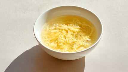 白い器に盛られたふんわり卵が美しい温かい中華卵スープがテーブルクロスに影を落としながら置かれている様子