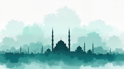 Obraz premium Teal mosque skyline silhouette in watercolor clouds 