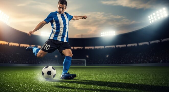A professional soccer player in a blue and white striped jersey powerfully kicks a ball on a brightly lit stadium field during a game. - Powered by Adobe